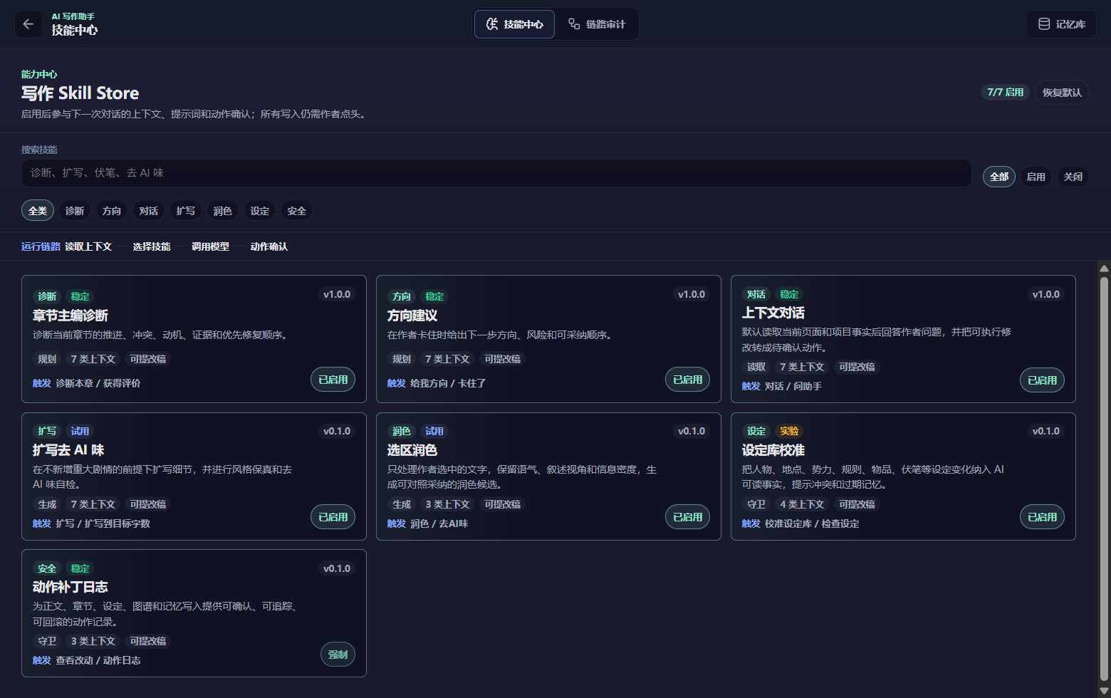 个人 AI 写作工具的本地 Skill 商店，显示七项写作技能及其启用状态